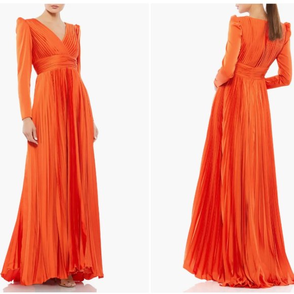 MAC DUGGAL 26542 PLEATED LONG SLEEVE V-NECK SUNSET GOWN sz 10 - Picture 1 of 3